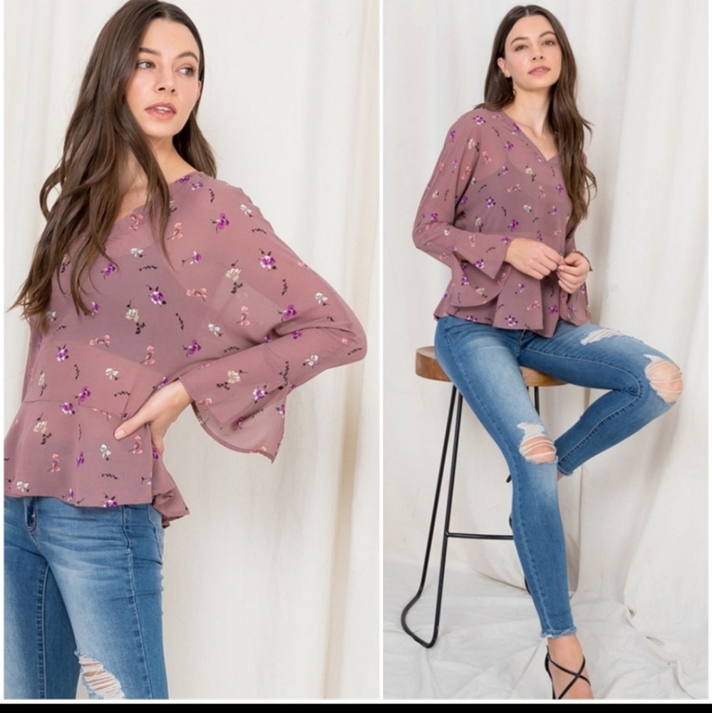 V Neck Sheer Floral Top with Bell Long Sleeves Mauve
